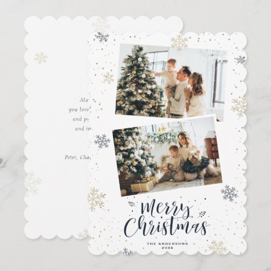 Blauw Goud Prettig Kerstfeest 2 Foto Feestdagenkaart (Voorkant / Achterkant)