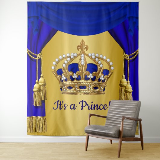 Blauw Goud Prince Crown Baby shower Achtergronden Wandkleed (In situ)