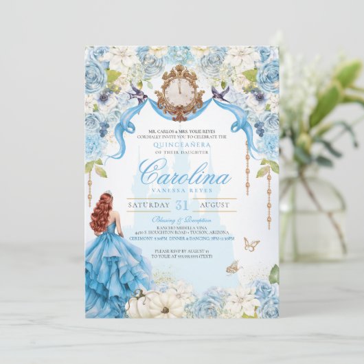 Blauw Goud Prinses Assepoester Royal Quinceanera Kaart (Staand voorkant)