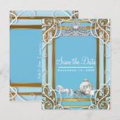Blauw Goud Prinses Kroon & Koets Save the Date Aankondigingskaart (Voorkant / Achterkant)