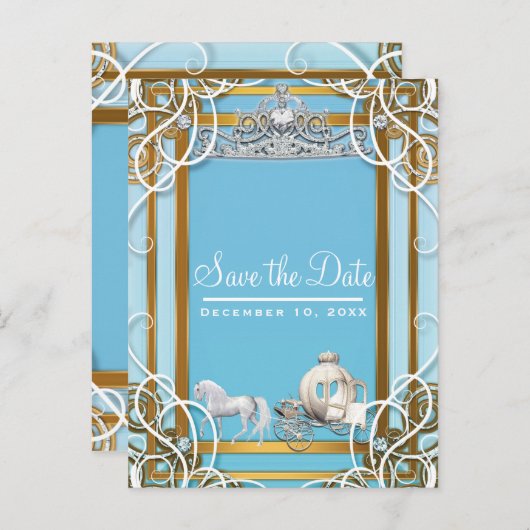 Blauw Goud Prinses Kroon & Koets Save the Date Aankondigingskaart (Voorkant / Achterkant)