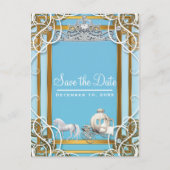 Blauw Goud Prinses Kroon & Koets Save the Date Aankondigingskaart (Voorkant)