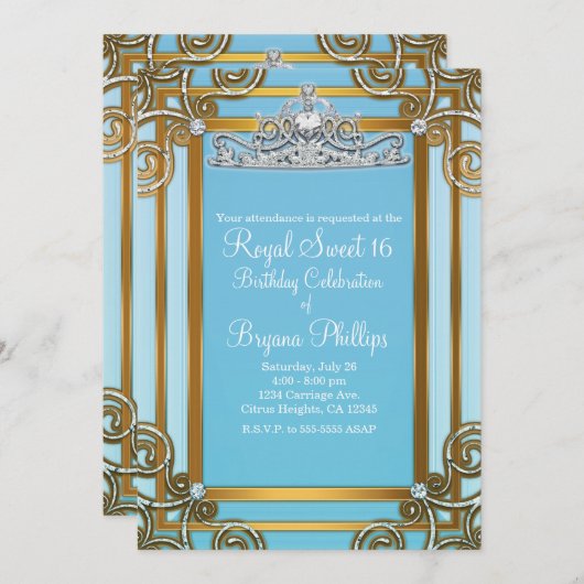 Blauw & Goud Prinsessen Kroon Tiara Sweet 16 Feest Kaart (Voorkant / Achterkant)