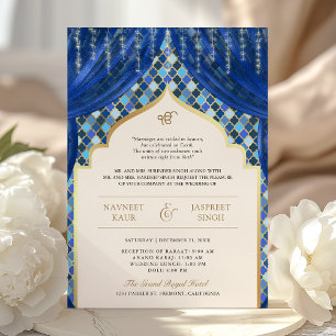 Blauw Goud Quatrefoil QR Code Sikh Huwelijk Kaart