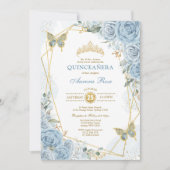 Blauw Goud Quinceañera Vlinder Geometrisch Lijst Kaart (Voorkant)