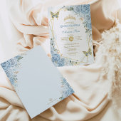 Blauw Goud Quinceañera Vlinder Geometrisch Lijst Kaart