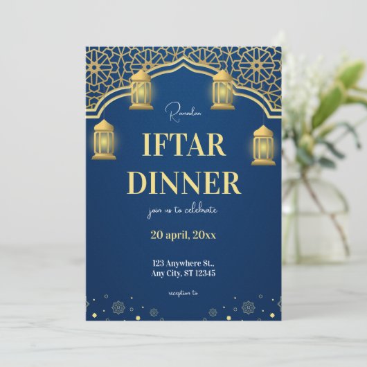 Blauw Goud Ramadhan Iftar-diner Kaart (Staand voorkant)
