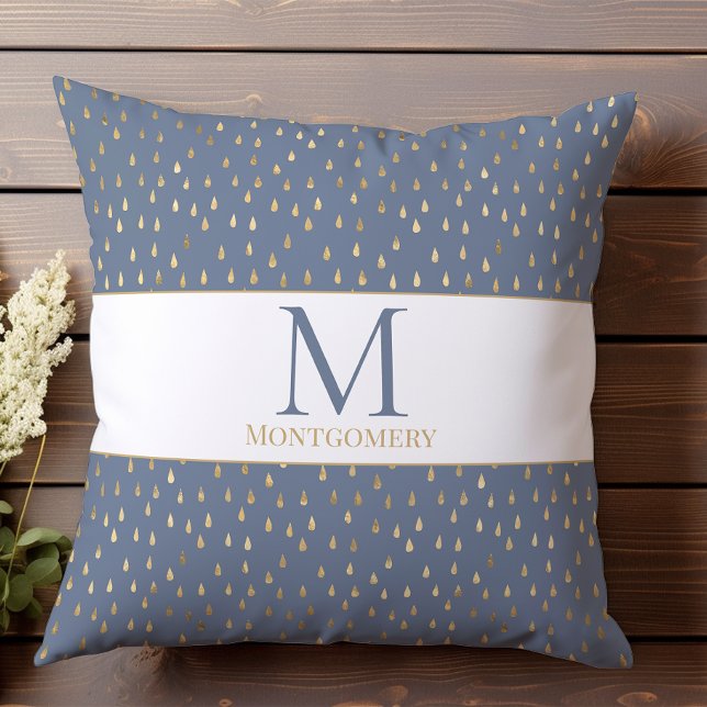Blauw Goud Regendruppel Modern Modieus Monogram Kussen (Creator heeft geüpload)