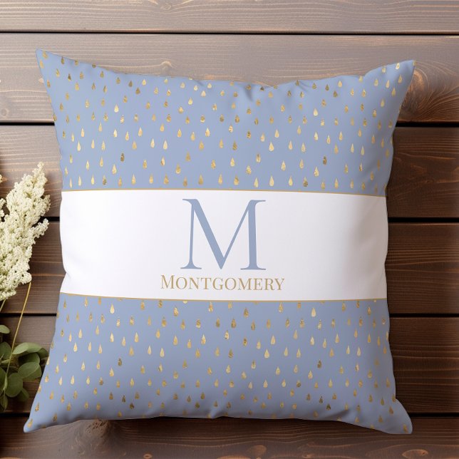 Blauw Goud Regendruppel Modern Modieus Monogram Kussen (Creator heeft geüpload)