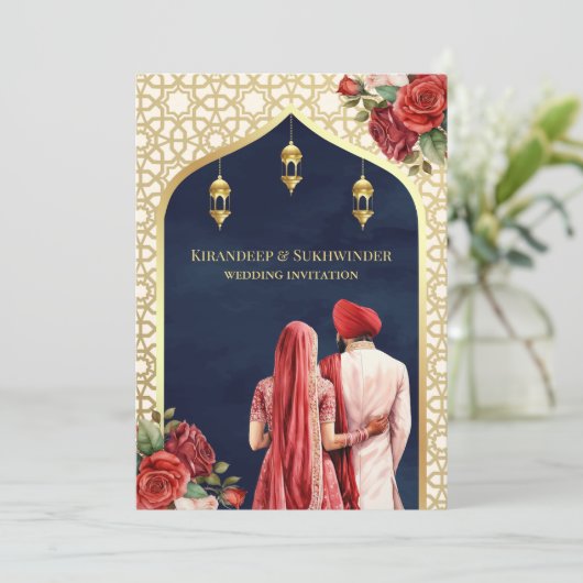 Blauw Goud Rood Rose Bloemen Anand Karaj Sikh Brui Kaart (Staand voorkant)