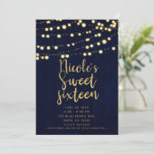 Blauw Goud Rustiek Hout & Lichten Sweet 16 Kaart (Staand voorkant)