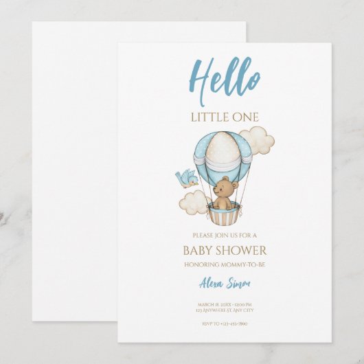 Blauw Goud Schattige Baby Jongensdouche Kaart (Voorkant / Achterkant)