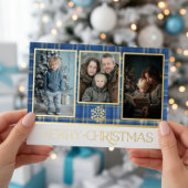 Blauw & Goud Schotse Ruit Kerstmis Foto Folie Feestdagenkaart