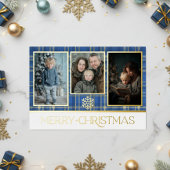 Blauw & Goud Schotse Ruit Kerstmis Foto Folie Feestdagenkaart