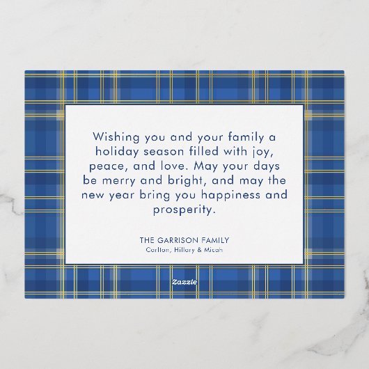 Blauw & Goud Schotse Ruit Kerstmis Foto Folie Feestdagenkaart (Achterkant)
