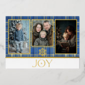 Blauw & Goud Schotse ruit Kerstplezier foto Folie Feestdagenkaart (Voorkant)