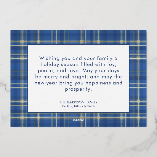 Blauw & Goud Schotse ruit Kerstplezier foto Folie Feestdagenkaart (Achterkant)