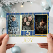 Blauw & Goud Schotse ruit Kerstplezier foto Folie Feestdagenkaart