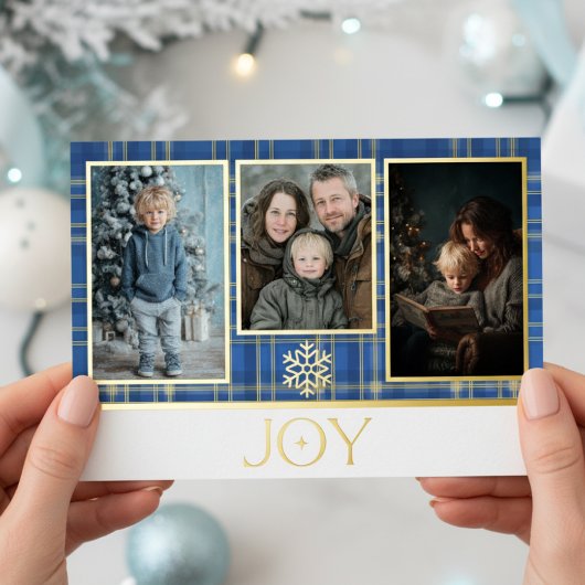 Blauw & Goud Schotse ruit Kerstplezier foto Folie Feestdagenkaart