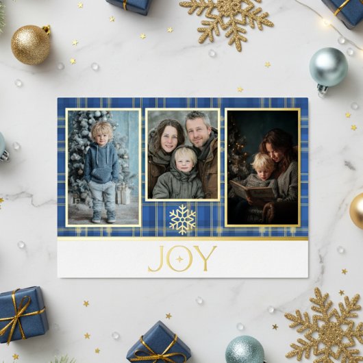Blauw & Goud Schotse ruit Kerstplezier foto Folie Feestdagenkaart