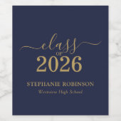 Blauw Goud Script Afstudeerfeest Klas van 2026 Wijn Etiket (Enkel label)