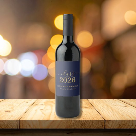 Blauw Goud Script Afstudeerfeest Klas van 2026 Wijn Etiket