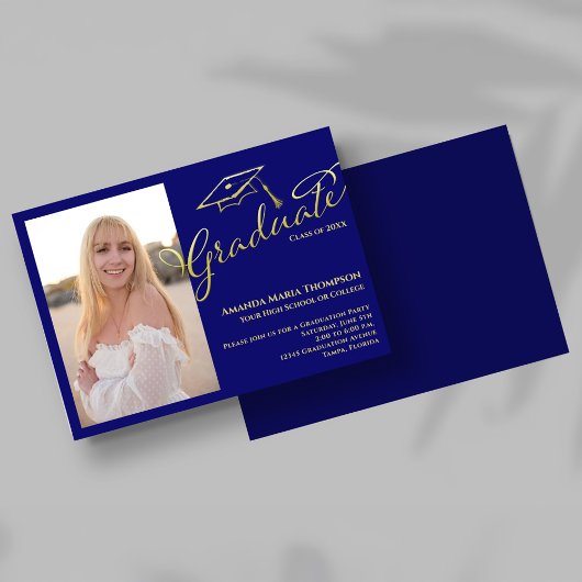 Blauw Goud Script Foto Afstudeerfeest Uitnodiging