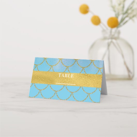 Blauw Goud Shimmer Zeemeermin Party Tafelnummer Plaatskaartje (Voorkant)