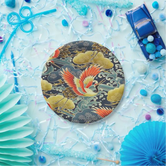Blauw Goud Sinaasappel Japans Kimono Vogelkraan Papieren Bordje (Feest)