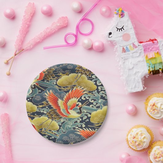 Blauw Goud Sinaasappel Japans Kimono Vogelkraan Papieren Bordje (Feest)