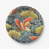 Blauw Goud Sinaasappel Japans Kimono Vogelkraan Papieren Bordje (Voorkant)