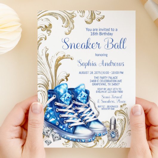 Blauw Goud Sneaker Bal Verjaardagsfeestuitnodiging Kaart