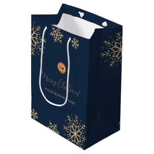 Blauw Goud Sneeuwvlok Aangepast Bedrijfslogo Kerst Medium Cadeauzakje (Voorkant Gekanteld)