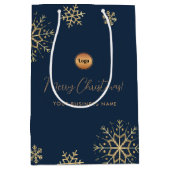 Blauw Goud Sneeuwvlok Aangepast Bedrijfslogo Kerst Medium Cadeauzakje (Voorkant)
