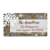 Blauw Goud Sneeuwvlok en Houten Kerstmis of Feestd Etiket (Voorkant)