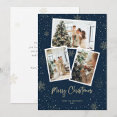Blauw Goud Sneeuwvlok Foto Vrolijke Kerstmis Kaart (Voorkant / Achterkant)