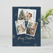 Blauw Goud Sneeuwvlok Foto Vrolijke Kerstmis Kaart (Staand voorkant)