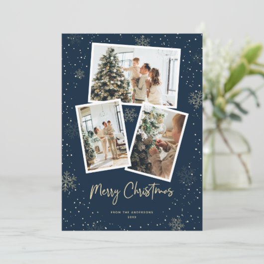 Blauw Goud Sneeuwvlok Foto Vrolijke Kerstmis Kaart (Staand voorkant)