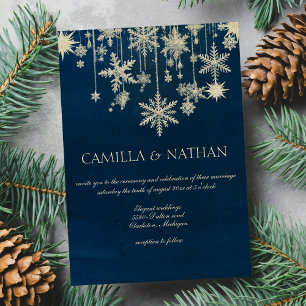 Blauw goud sneeuwvlok winter wonderland bruiloft kaart