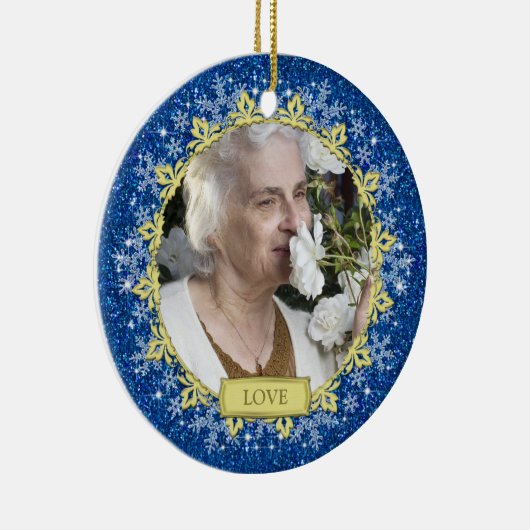 Blauw Goud Sneeuwvlokken Memorial Foto Kerstmis Keramisch Ornament (Rechts)