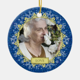 Blauw Goud Sneeuwvlokken Memorial Foto Kerstmis Keramisch Ornament