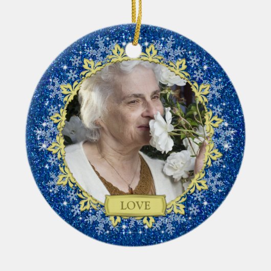 Blauw Goud Sneeuwvlokken Memorial Foto Kerstmis Keramisch Ornament (Voorkant)