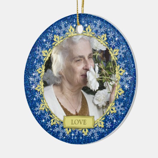 Blauw Goud Sneeuwvlokken Memorial Foto Kerstmis Keramisch Ornament (Links)