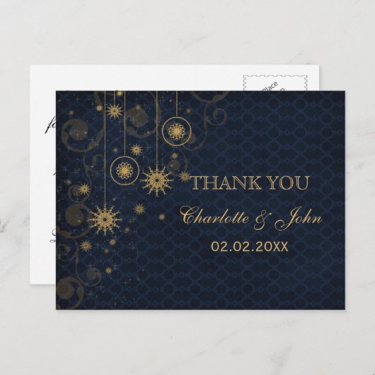 Blauw goud Snowflakes Winter bruiloft Dank u Briefkaart (Voorkant / Achterkant)