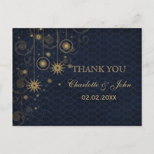 Blauw goud Snowflakes Winter bruiloft Dank u Briefkaart (Voorkant)