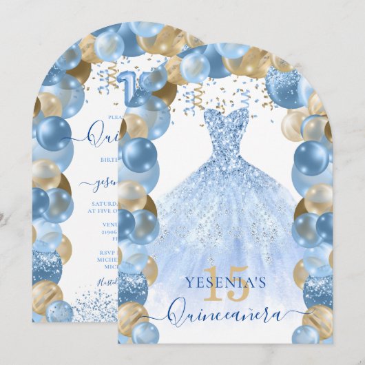Blauw Goud Sparkle Jurk Quinceañera Ballon Kaart (Voorkant / Achterkant)