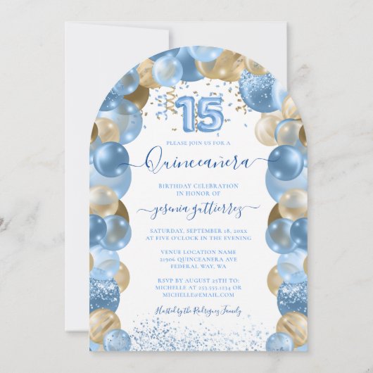 Blauw Goud Sparkle Jurk Quinceañera Ballon Kaart (Achterkant)