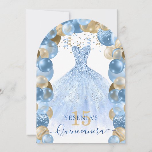 Blauw Goud Sparkle Jurk Quinceañera Ballon Kaart (Voorkant)