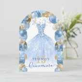 Blauw Goud Sparkle Jurk Quinceañera Ballon Kaart (Staand voorkant)