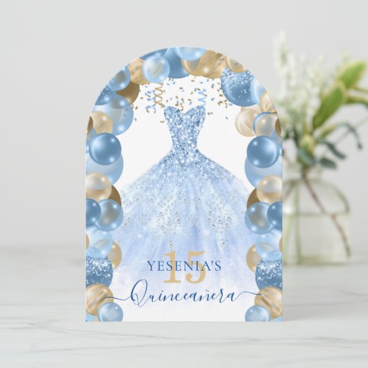Blauw Goud Sparkle Jurk Quinceañera Ballon Kaart (Staand voorkant)